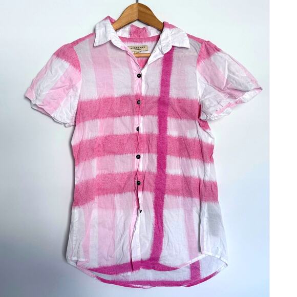 BURBERRY London pink white nova check 100% cotton short sleeve button down shirt - Picture 1 of 8